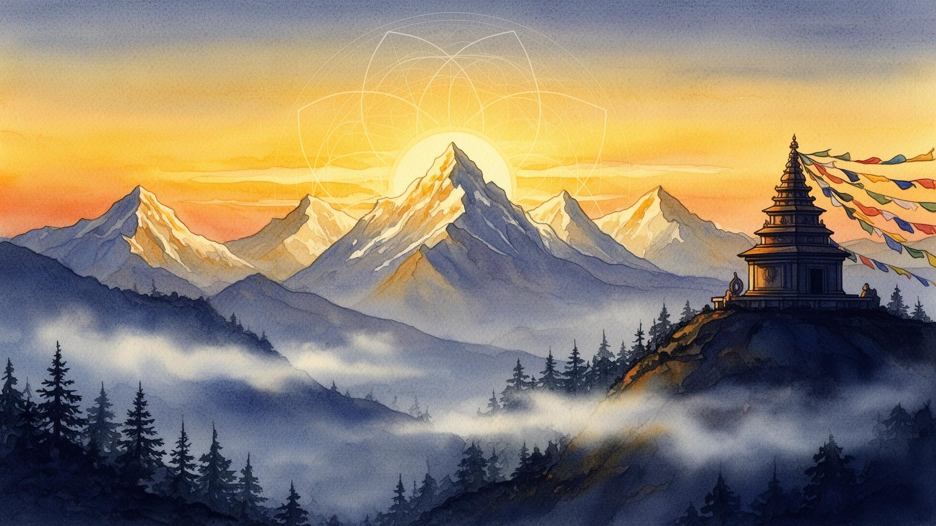 Watercolor dawn over the Himalayas with a hilltop temple and prayer flags